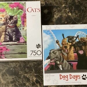 2 FOR 1! BUFFALO 750 PIECE PUZZLES FROM “CATS” LINE & “DOG DAYS”, WORKED ONCE